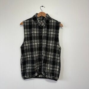 Vintage Fleece Vest Womens Medium Plaid Sleeveless Full Zip Black White Layering